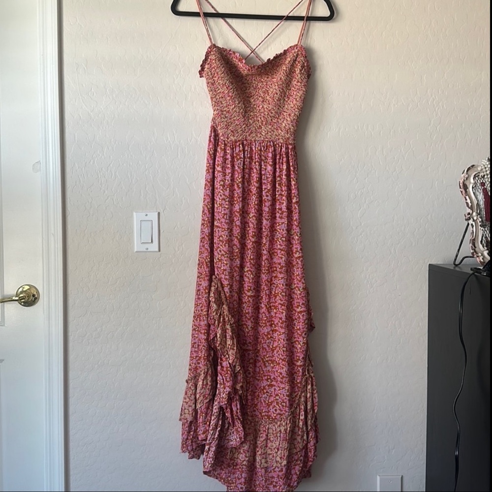 Free People One I Love Dress in Caramel Combo Pink and Tan Maxi Ruffle Hem Sz L - Picture 4 of 16